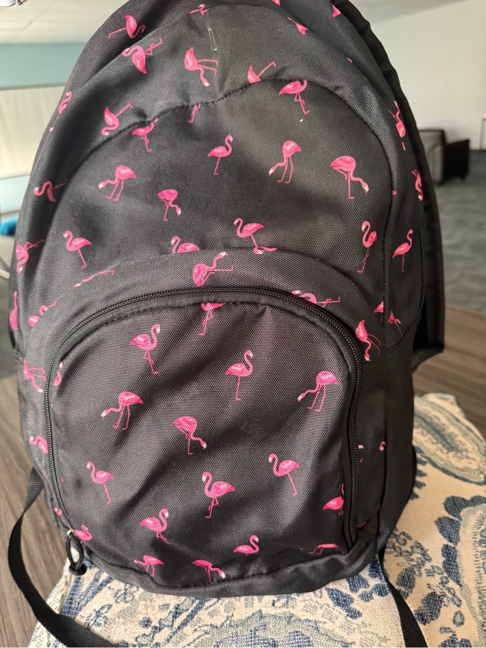 Adorable Black Backpack with Pink Flamingo Print;nice  condition; Flamingo inclu
